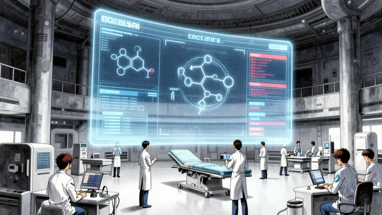 Interfaz holográfica de registros electrónicos de salud en un entorno médico futurista y detallado.