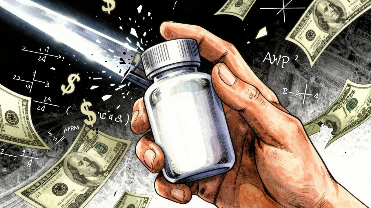 Mano sosteniendo un frasco de medicamento genérico mientras se rompen fórmulas de precios complejos.