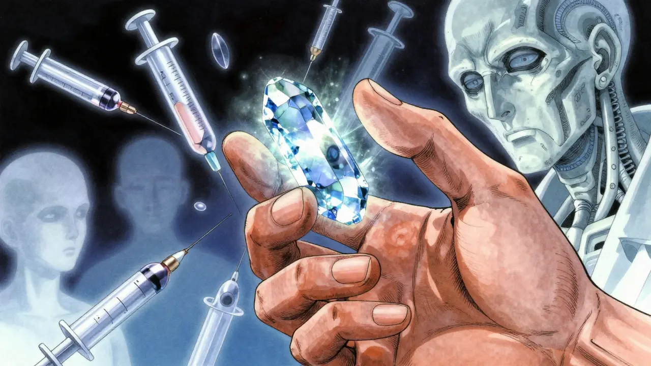 Mano sosteniendo una píldora tecnológica avanzada con fondo surrealista.