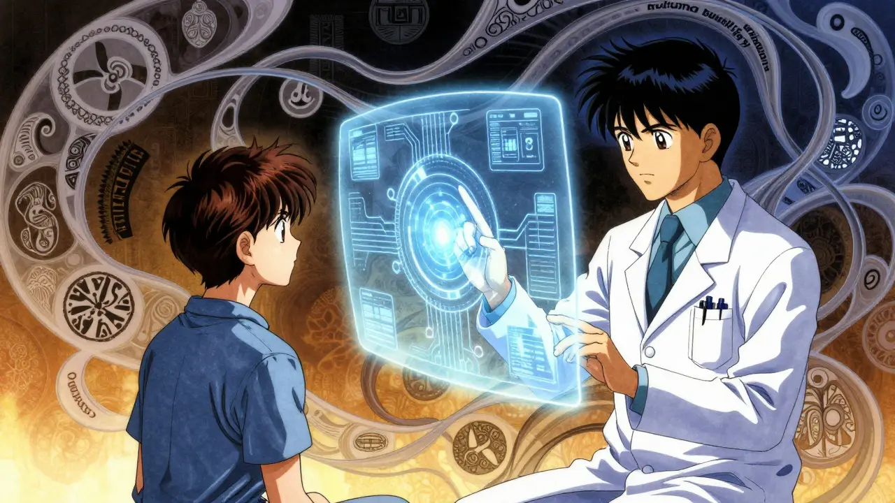 Médico usando telemedicina con elementos abstractos de humildad cultural y tecnología.