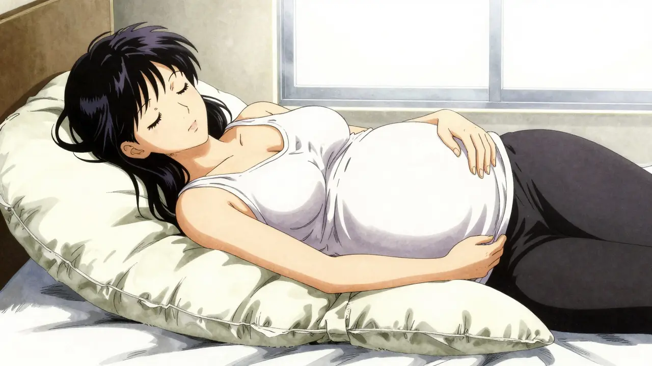 Mujer embarazada durmiendo sobre su lado izquierdo con almohadas de soporte y torso elevado.