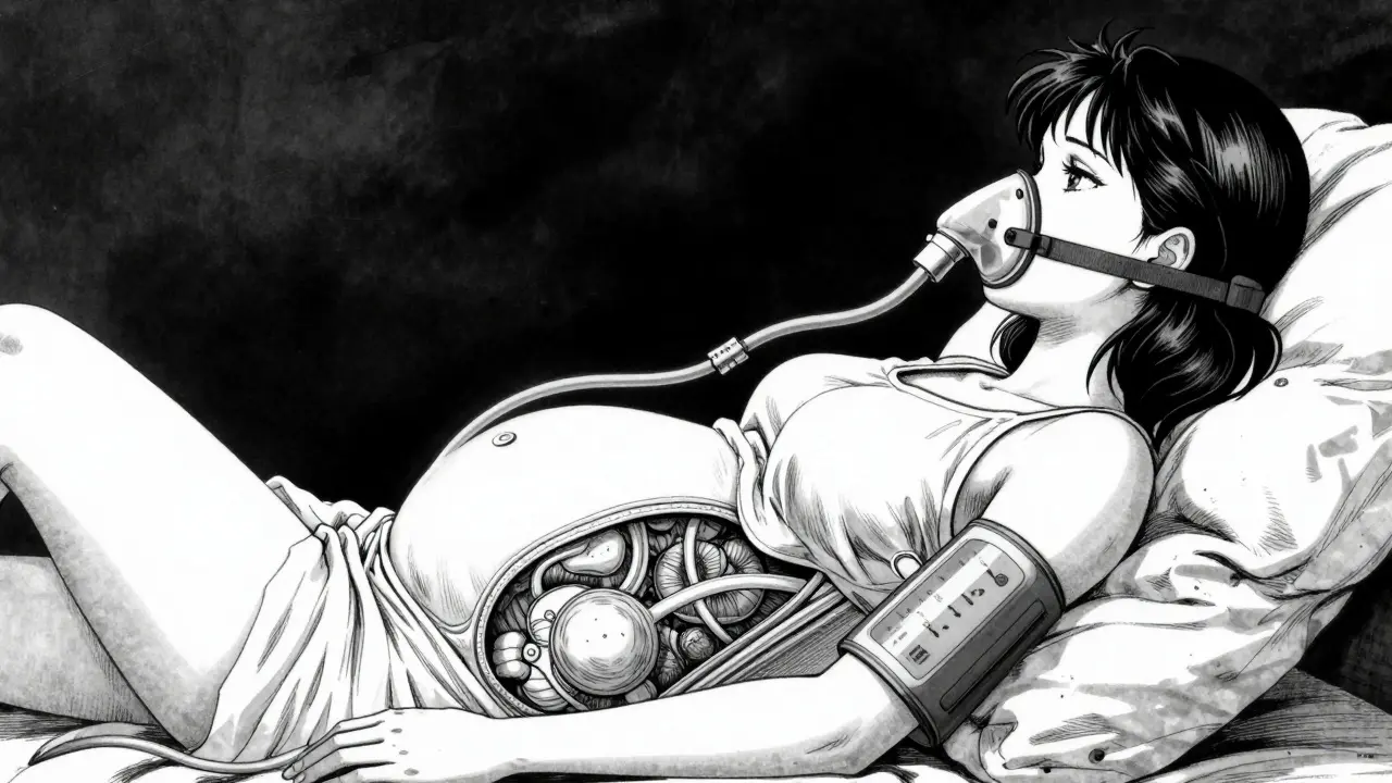 Mujer embarazada utilizando un dispositivo CPAP con almohadillas nasales para tratar la apnea del sueño.