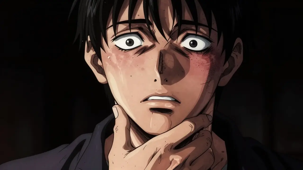 Paciente angustiado representando síntomas graves de reacción alérgica.