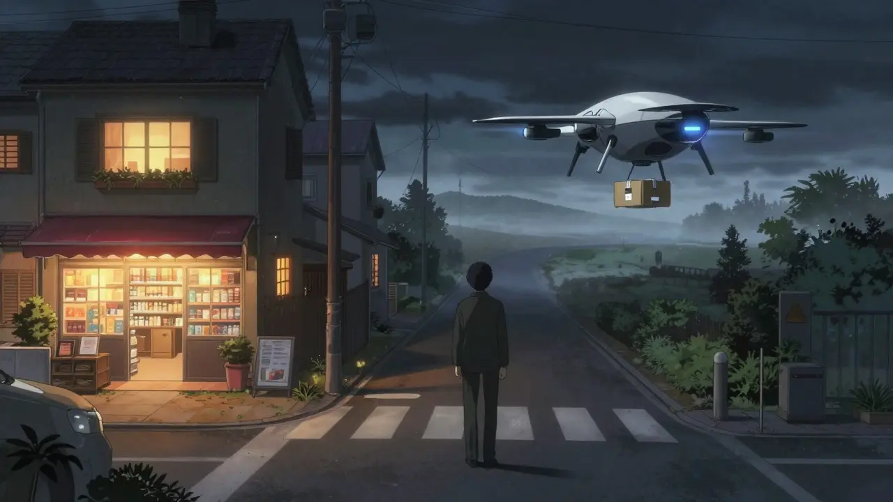 Persona eligiendo entre el camino hacia una farmacia física y la entrega de un dron médico.