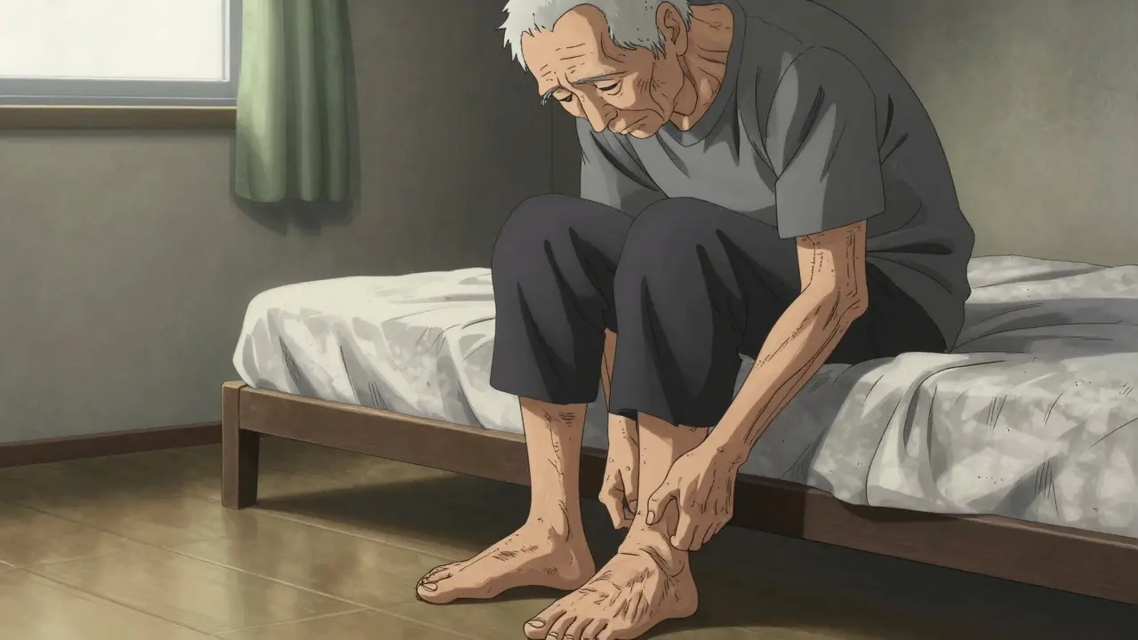 Persona mayor observando con tristeza la hinchazón de sus tobillos en su habitación.