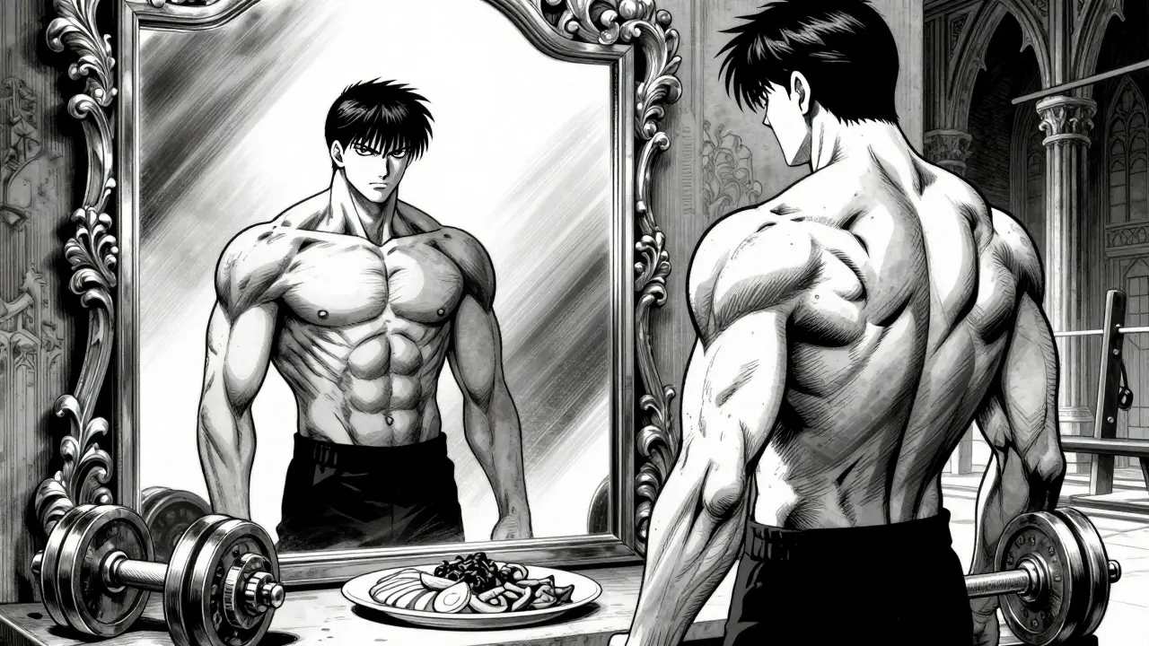 Persona viendo su reflejo atlético y definido en un espejo en un gimnasio estilo gótico.