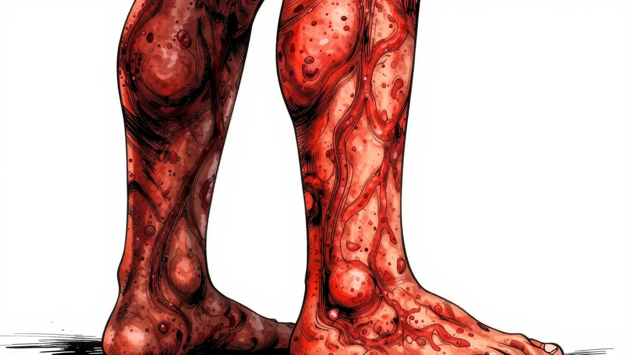 Pierna hinchada y enrojecida representando una infección de celulitis con estilo de dibujo detallado.