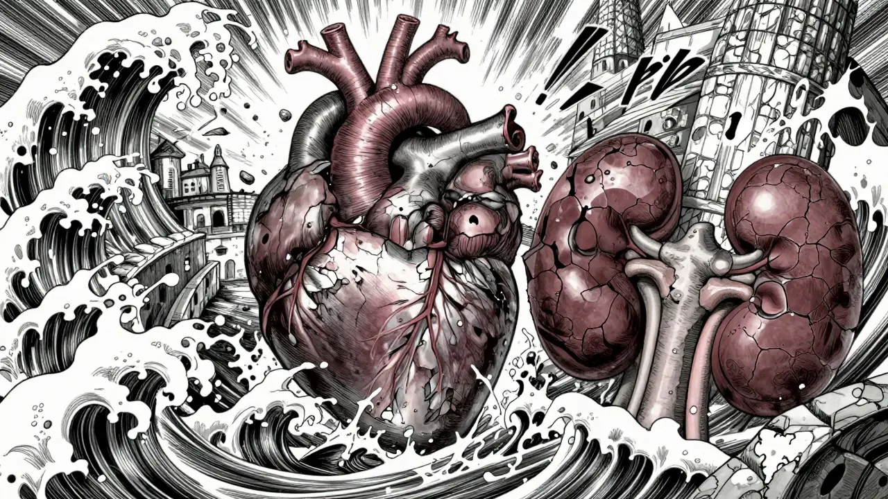 Representación conceptual de un corazón y riñones luchando contra inundaciones de agua.