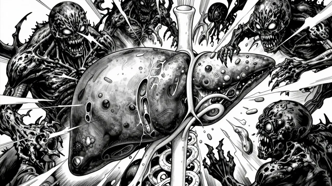 Representación conceptual del daño hepático y estrés oxidativo con monstruos abstractos.