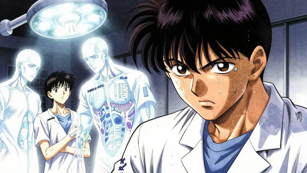 Residente médico en una simulación clínica intensiva con estilo de manga detallado.