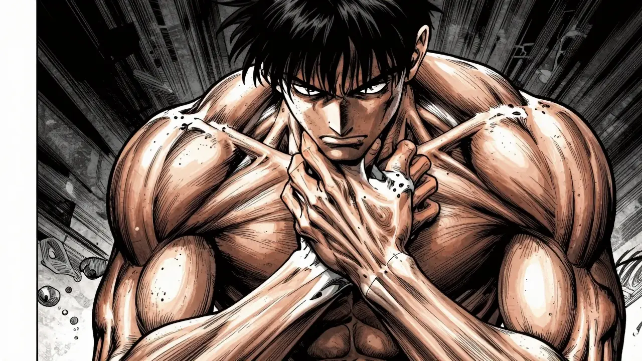 Arte manga detallado mostrando la tensión y el dolor muscular intenso con sombras dramáticas y líneas oscuras.