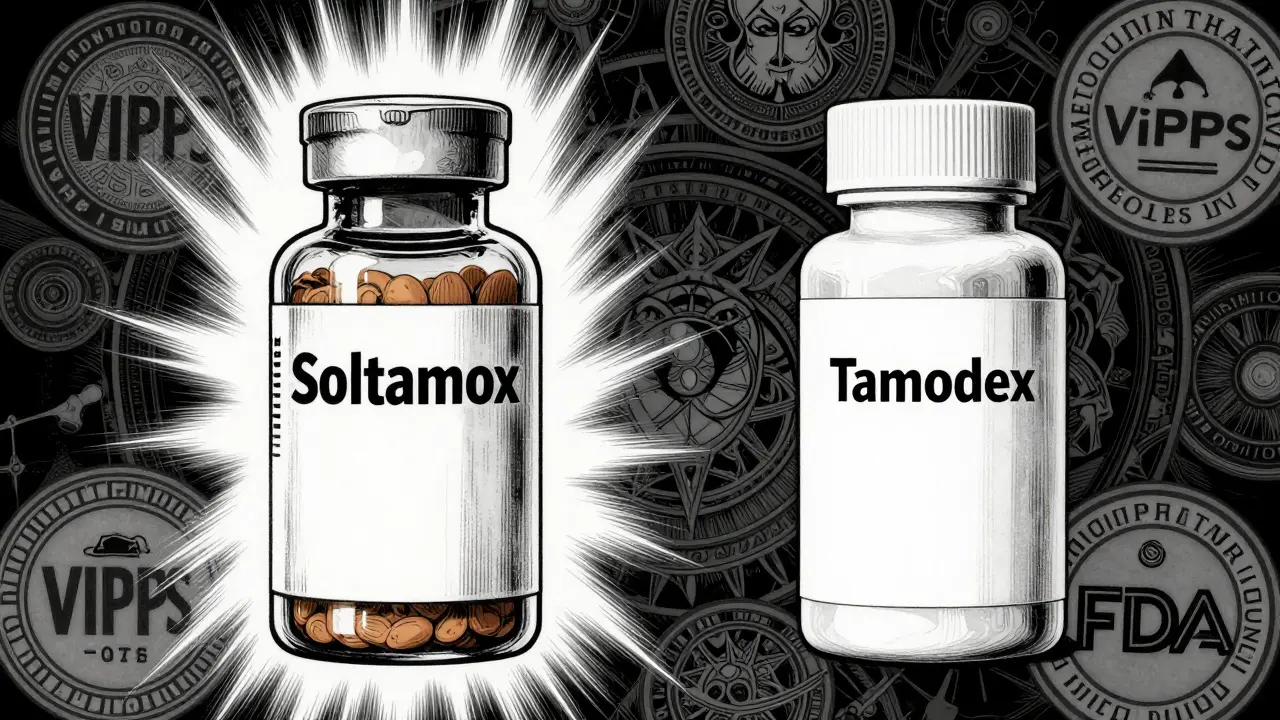 Comparación detallada entre un frasco de marca Soltamox y uno genérico idéntico en eficacia, rodeado de sellos regulatorios estilizados como sigilos protectores en un ambiente de fantasía oscura. Estilo Berserk, líneas intrincadas y contraste dramático.