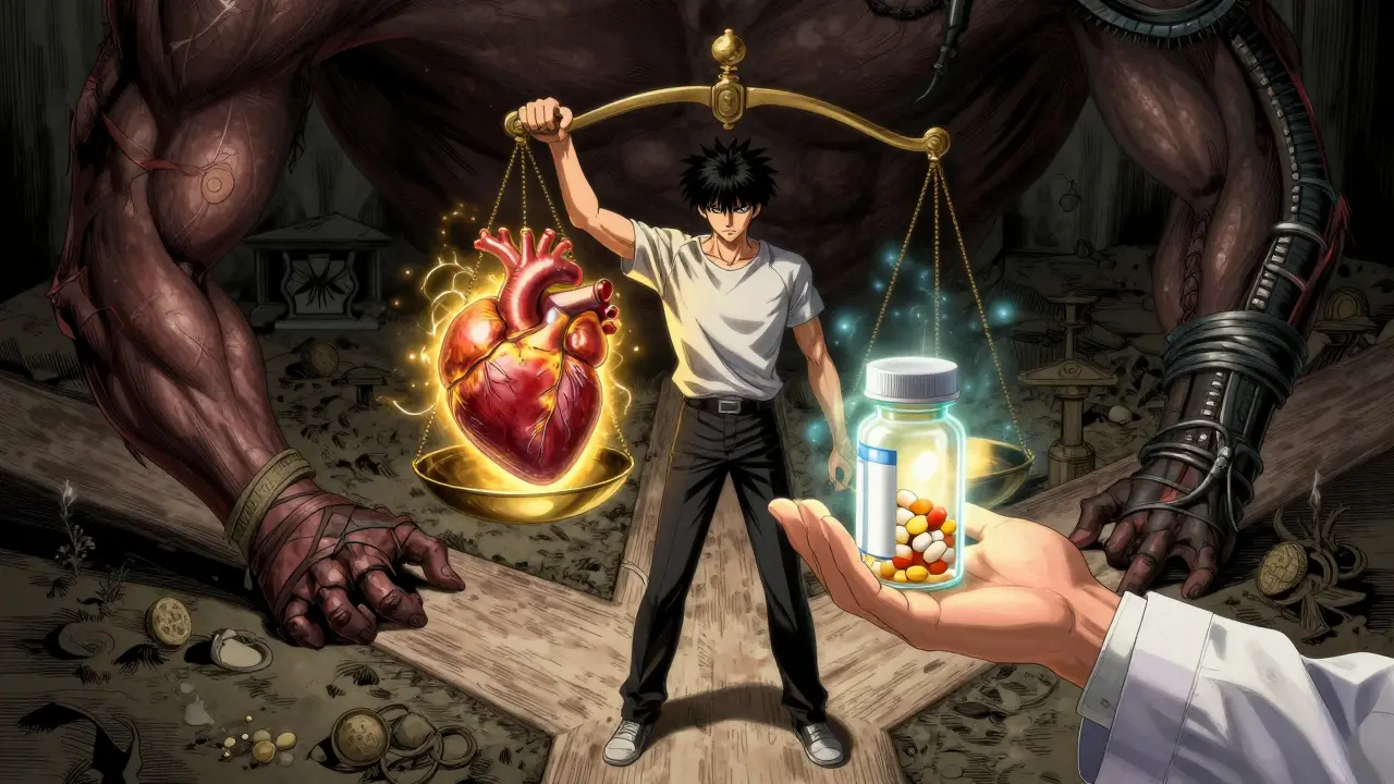 Escena simbólica equilibrando los beneficios cardíacos dorados con la gestión de efectos musculares en tonos oscuros.