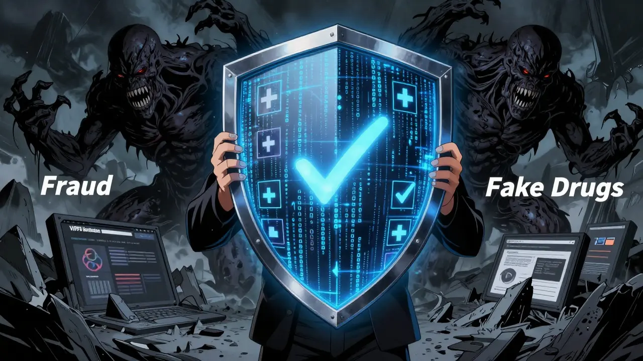 Escudo de seguridad digital protegiendo contra estafas farmacéuticas
