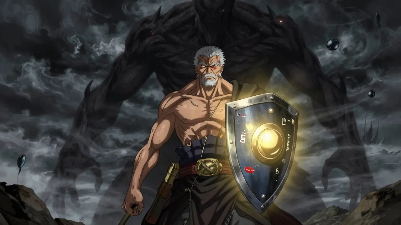 Guerrero anciano protegiéndose de una sombra oscura con un escudo luminoso.