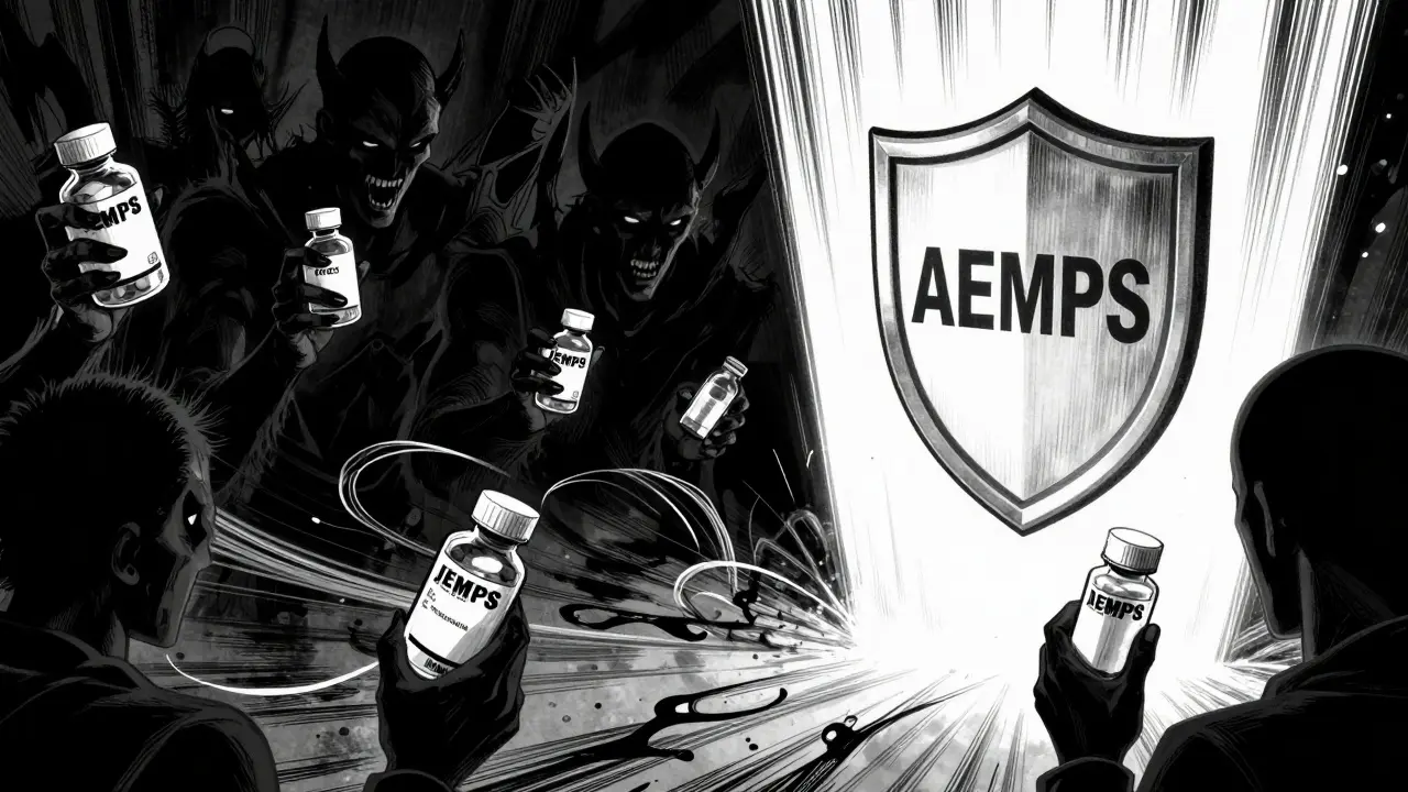 Ilustración simbólica de riesgos vs seguridad en farmacias