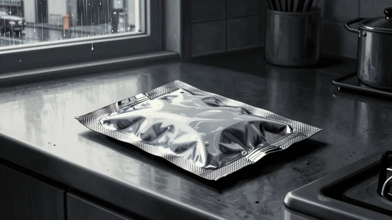 Paquete de medicamentos sellado sobre una mesa de cocina
