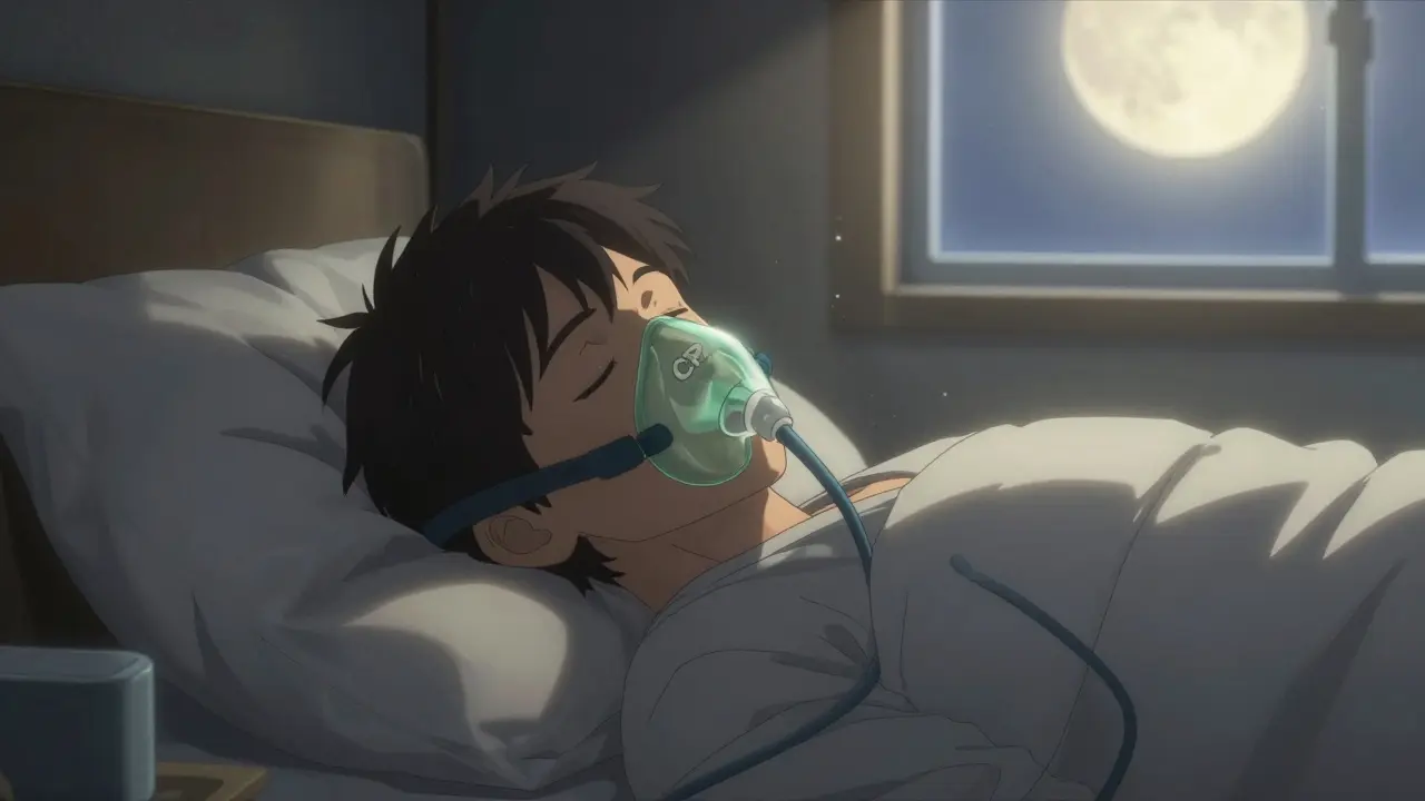 Persona durmiendo tranquilamente con terapia CPAP bajo luz lunar suave