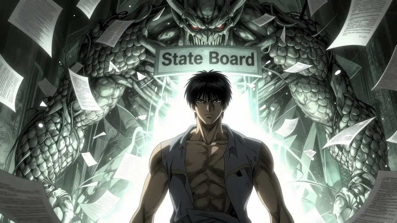 Persona enfrentando una entidad demoníaca burocrática en estilo manga