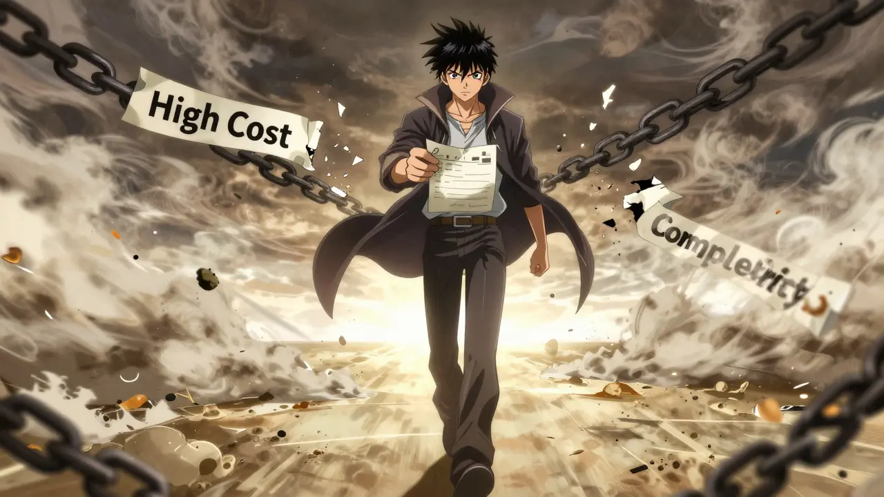 Personaje de anime rompiendo cadenas de costos altos mientras sostiene una receta médica hacia un futuro claro