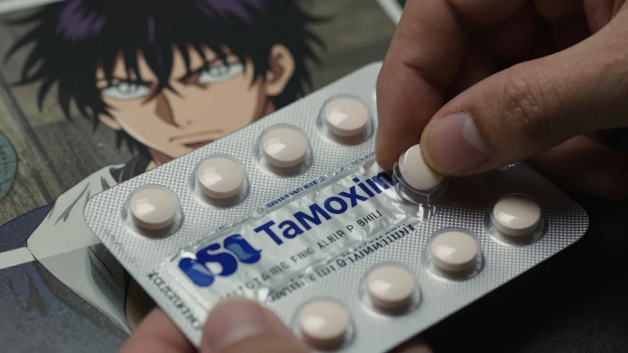 Primer plano detallado de una mano inspeccionando un blíster de tamoxifeno intacto, destacando la fecha de caducidad y el embalaje original contra un fondo oscuro. Énfasis en la seguridad y autenticidad del medicamento, estilo realista oscuro y texturizado.
