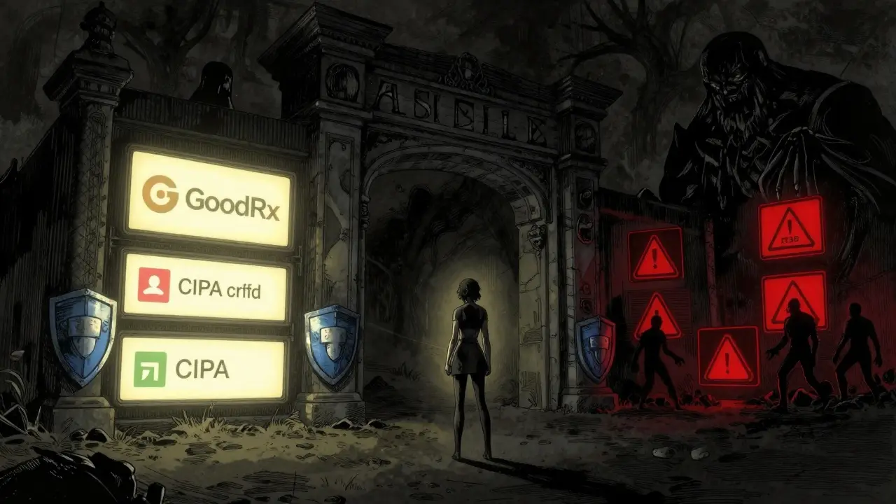 Una mujer frente a un portal digital masivo que representa las farmacias online: caminos seguros con escudos de verificación VIPPS/CIPA iluminados versus senderos oscuros y peligrosos de fraude. Composición épica y atmosférica al estilo de Kentaro Miura.