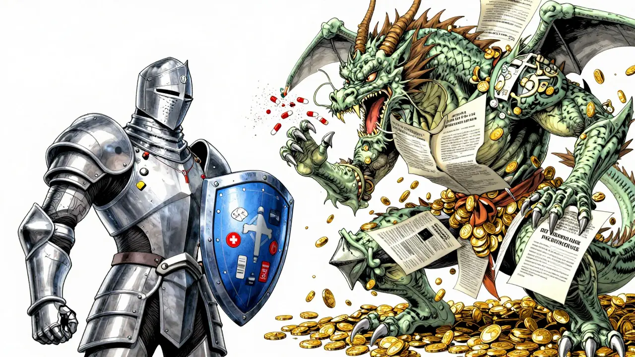 Caballero médico vs dragón corporativo representando el debate ético de los FDC
