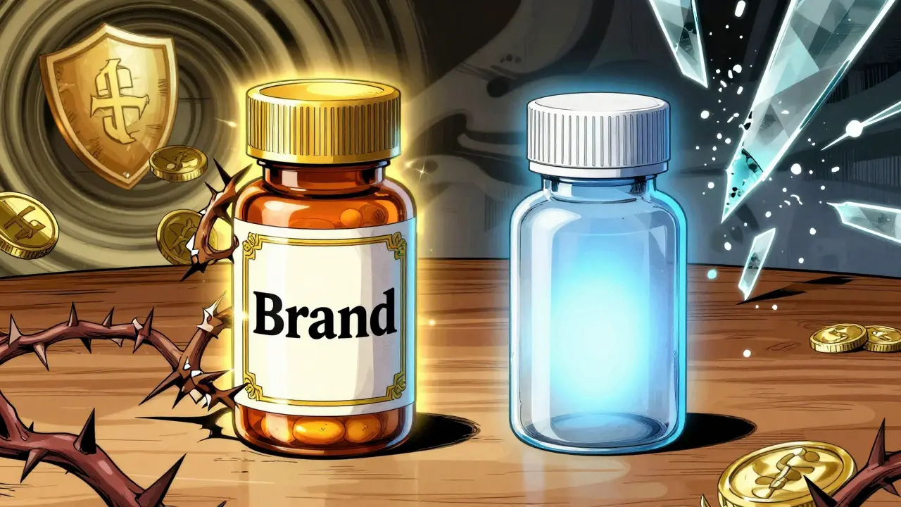 Comparación visual entre medicamento de marca caro y genérico seguro y económico