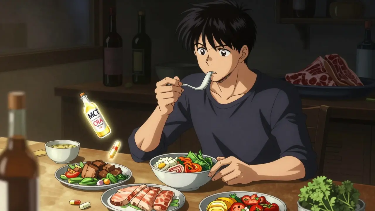 Personaje comiendo comidas pequeñas saludables para recuperar el páncreas