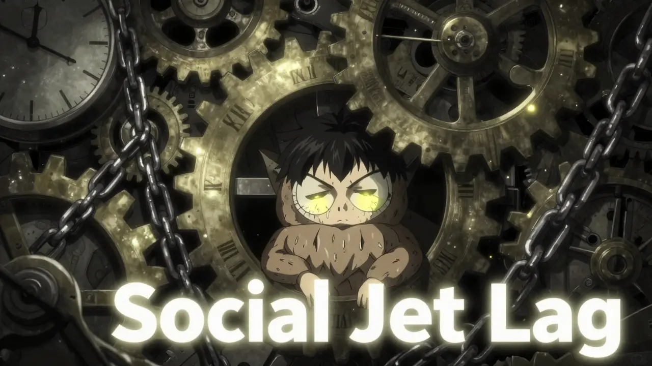Arte anime oscuro: un búho luchando contra la presión del jet lag social