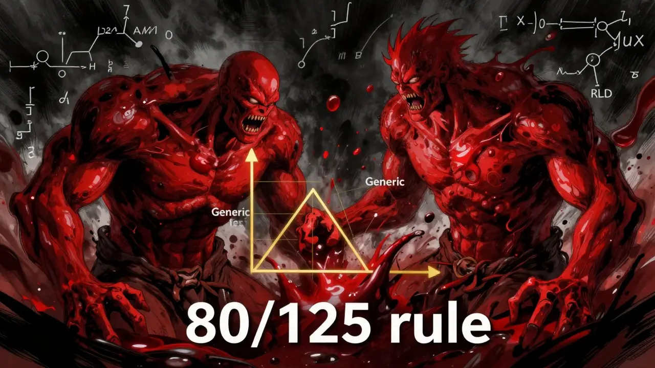 Arte oscuro y dramático que representa la regla matemática del 80/125 en farmacocinética genérica