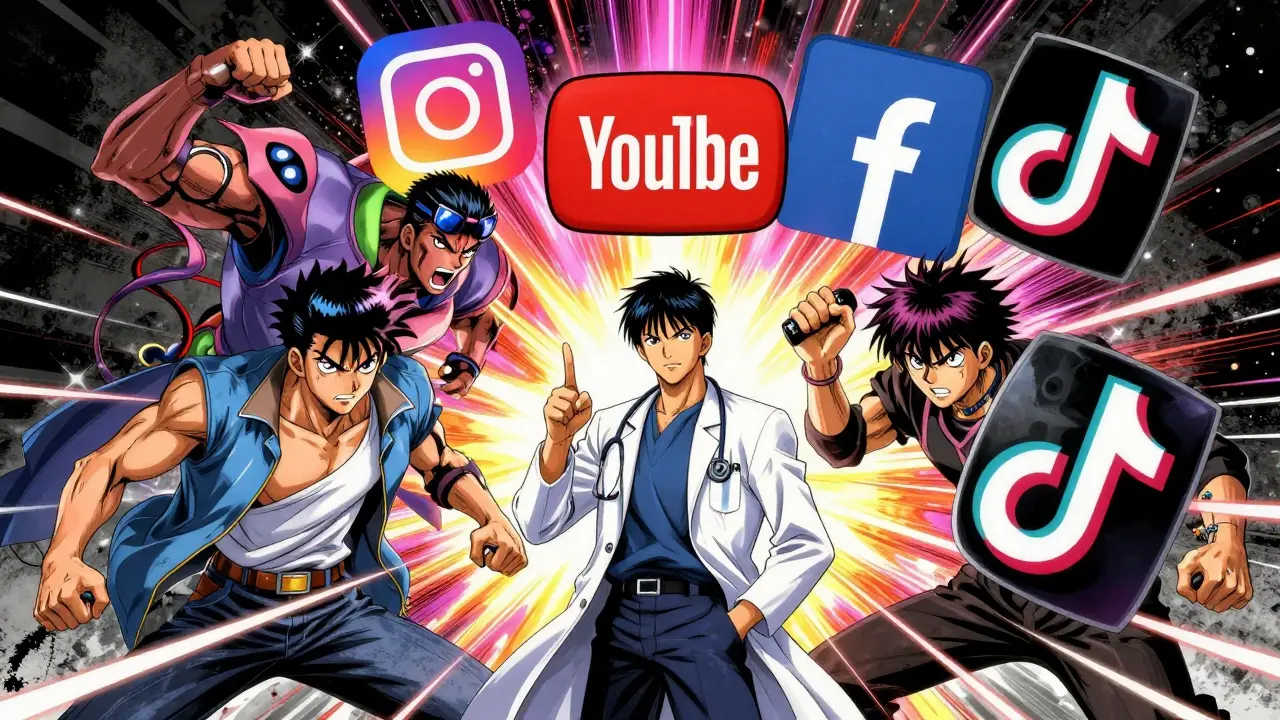 Avatares de redes sociales rodeando a un profesional de la salud