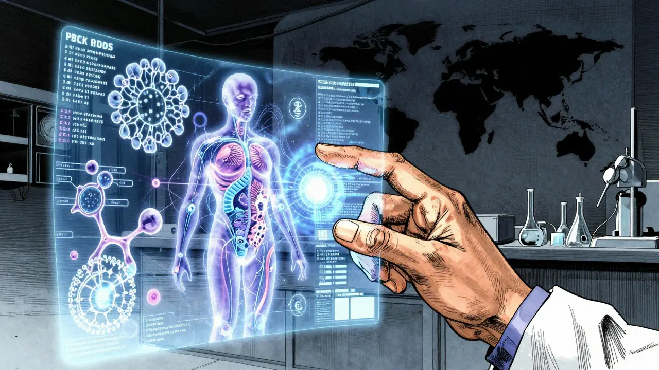 Escena futurista estilo manga que muestra el modelado PBPK y la armonización regulatoria global