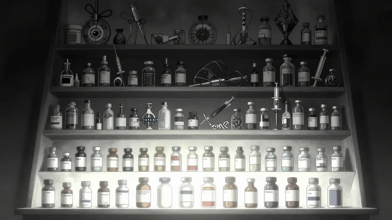 Estantes oscuros mostrando niveles de medicamentos y costos