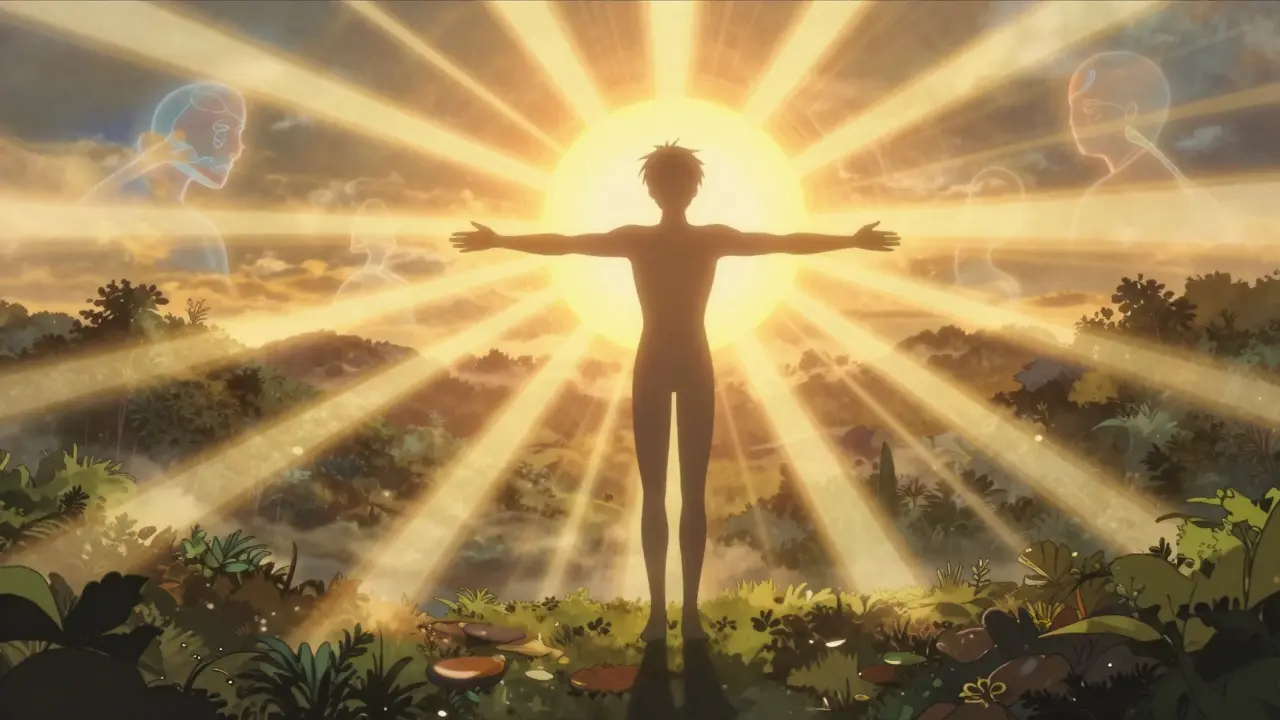Estilo Kentaro Miura: figura humana sincronizándose con la luz solar al amanecer