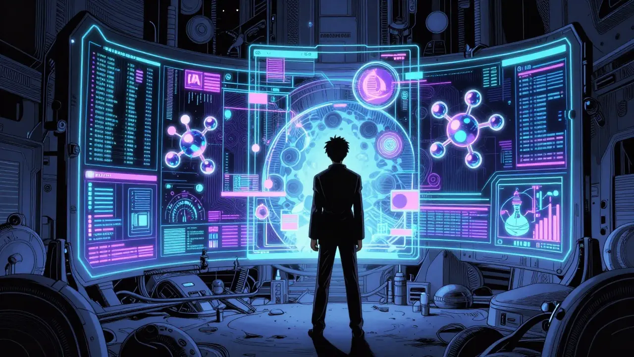 Interfaz futurista de IA mostrando datos moleculares en estilo anime oscuro