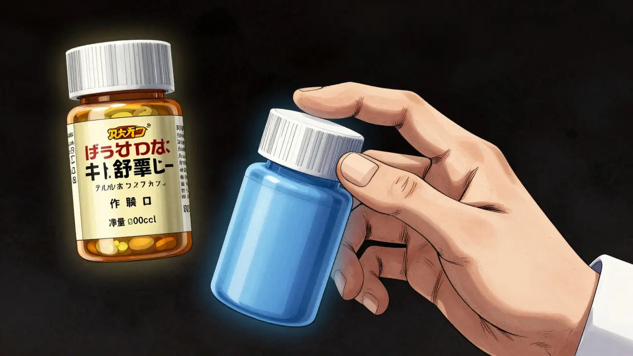 Mano seleccionando medicamento genérico sobre marca original