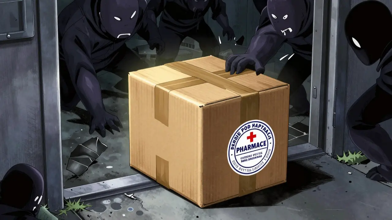 Paquete médico llegando a la puerta rodeado de sombras burocráticas