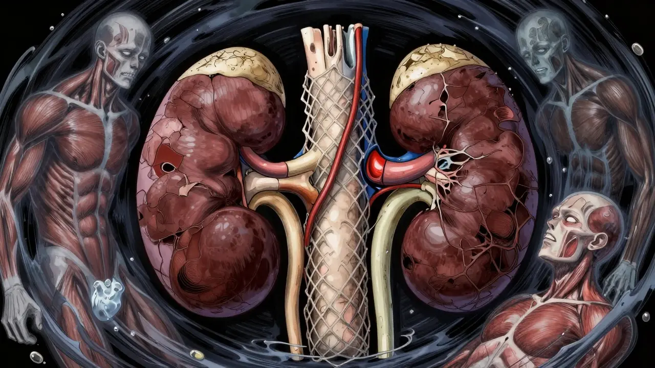 Riñones filtrando mal rodeados de sombras que representan sarcopenia