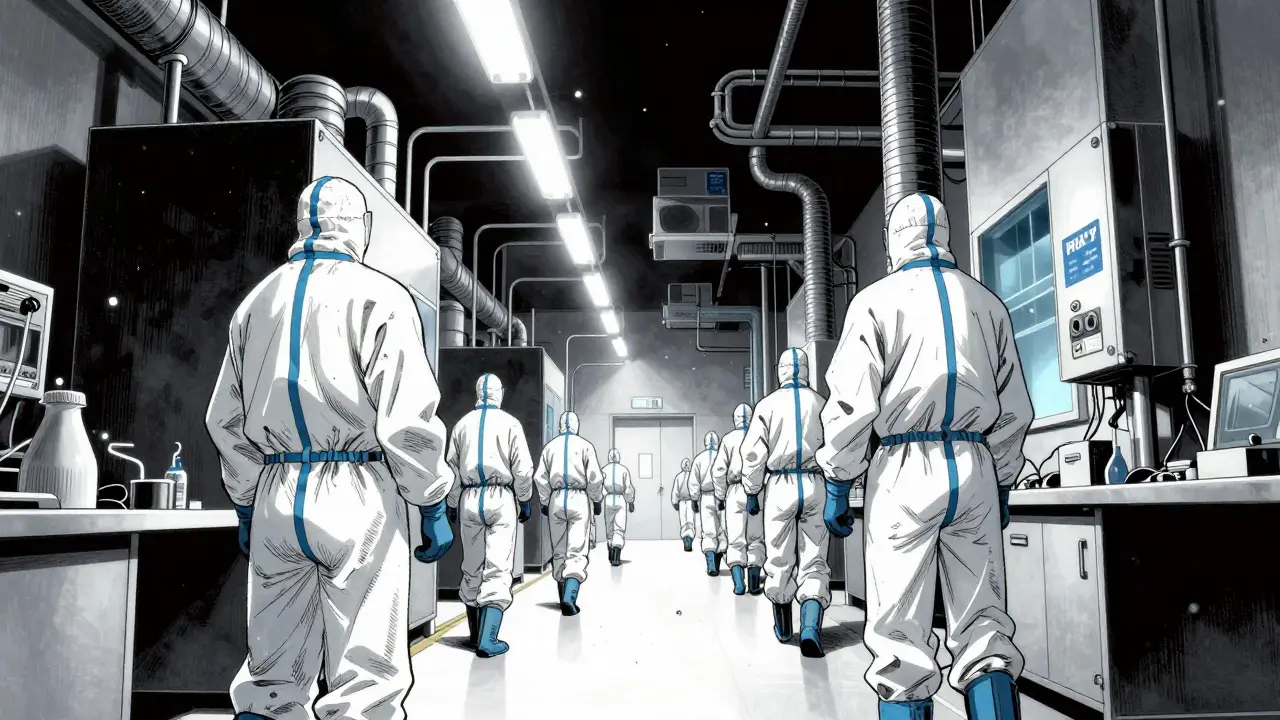 Técnicos en traje de aislamiento dentro de sala limpia estéril