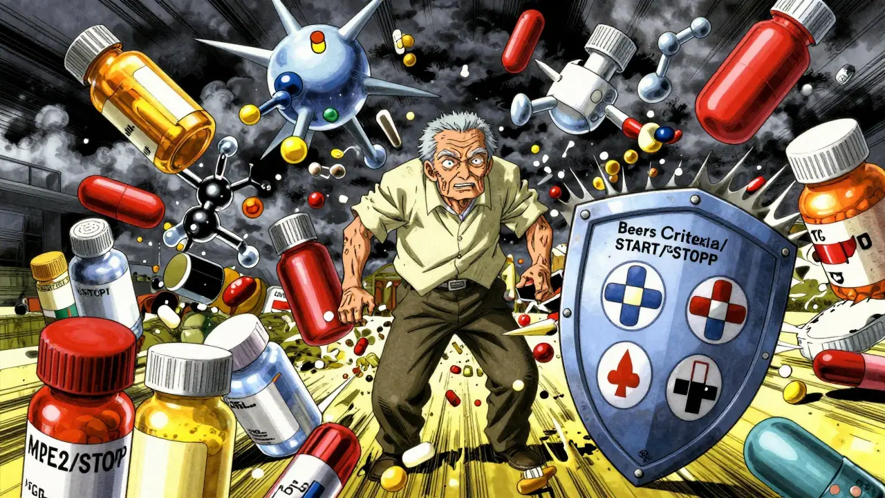 Tormenta caótica de medicamentos interactuando peligrosamente en ancianos