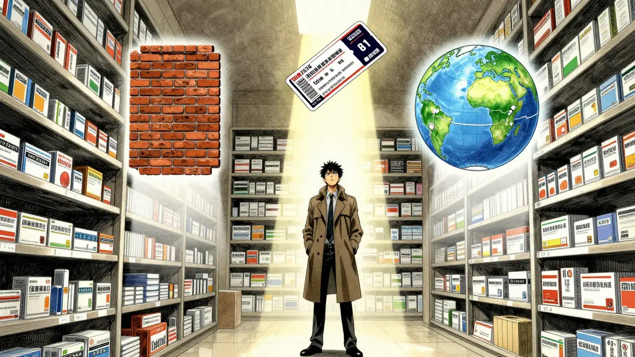 Escena de cómic estilo Berserk en una farmacia mostrando tres opciones de compra iluminadas