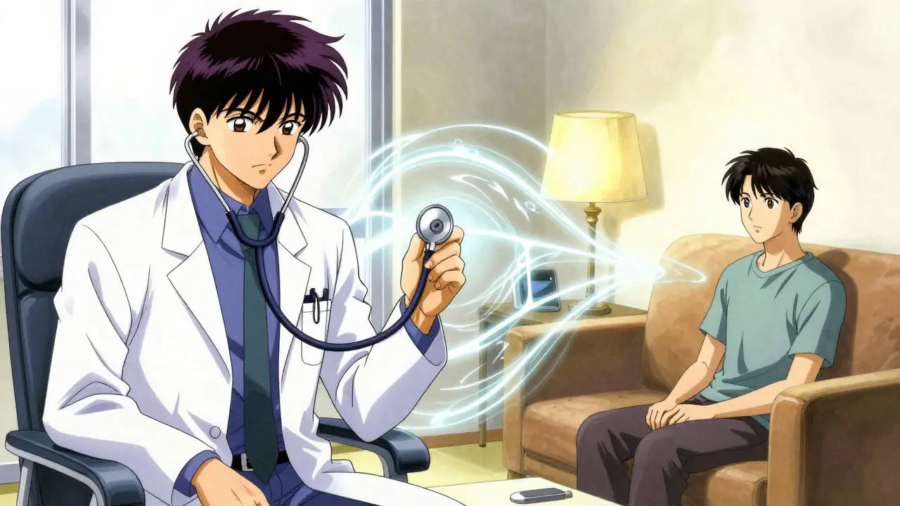 Escena dividida de consulta médica virtual con energía mágica entre doctor y paciente