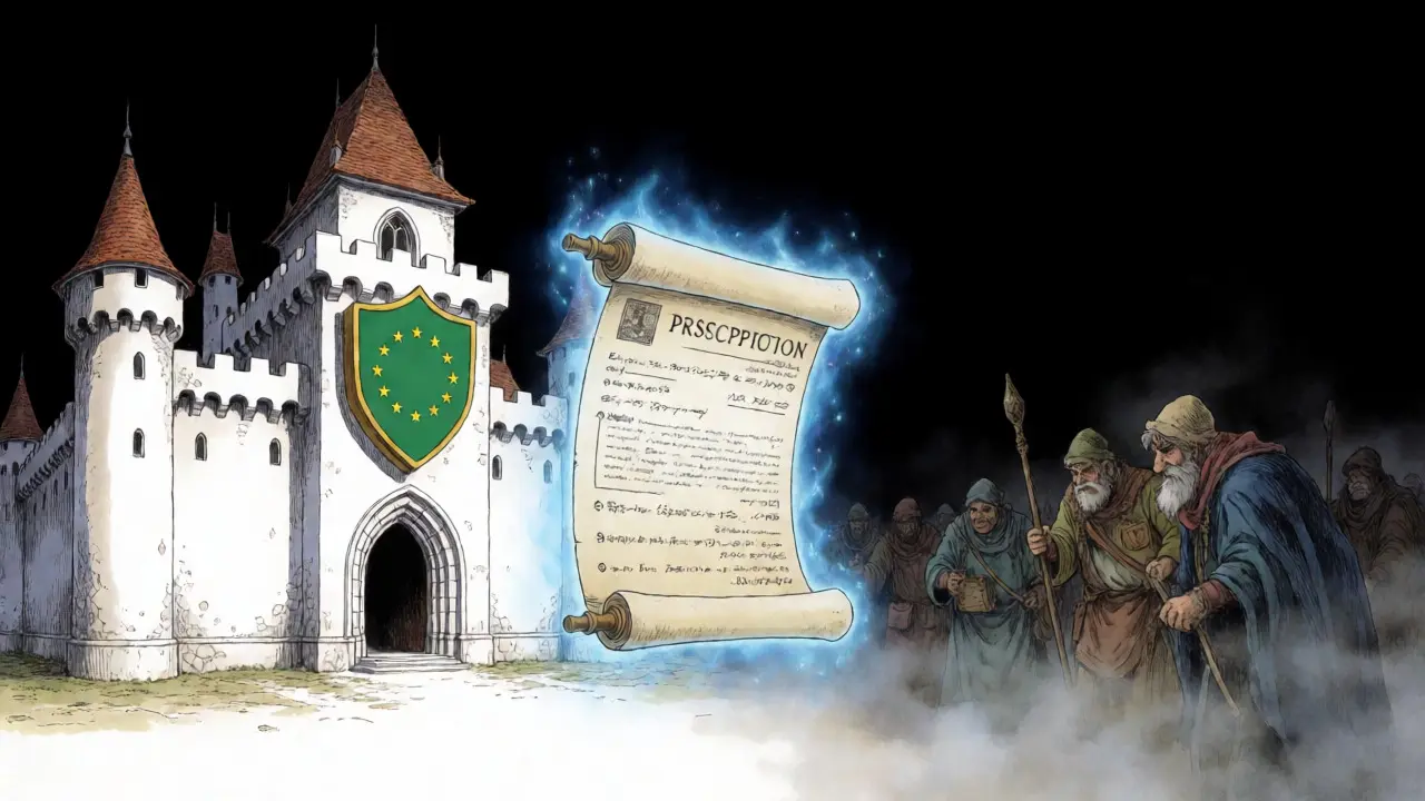 Escudo verde de farmacia segura protegiendo una receta mágica de estafadores