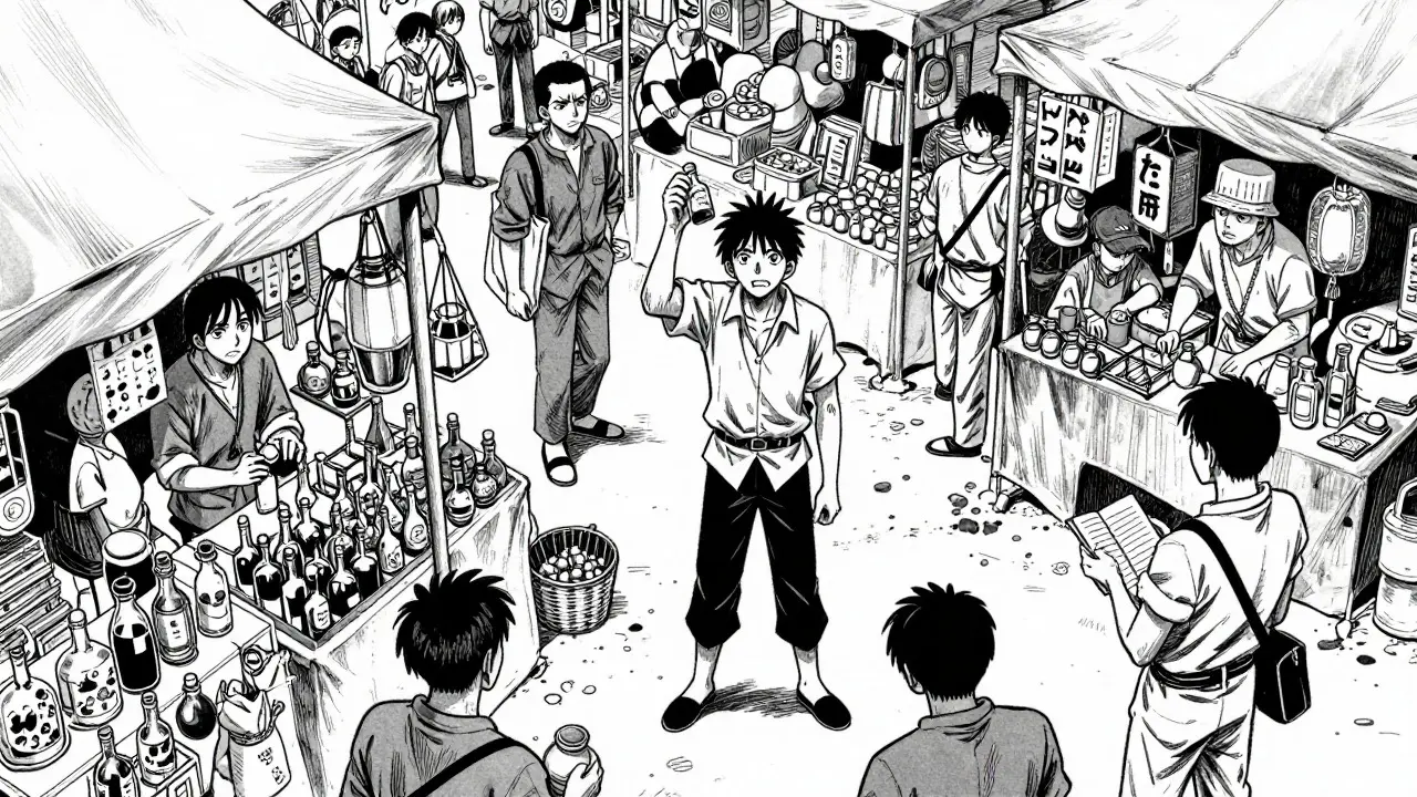 Mercado bullicioso con vendedores de remedios y clientes escépticos en manga