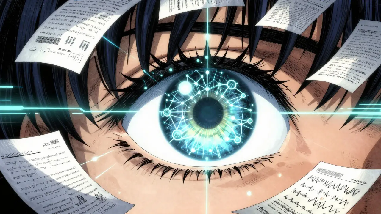Ojo humano con redes digitales flotantes en estilo anime, analizando datos clínicos