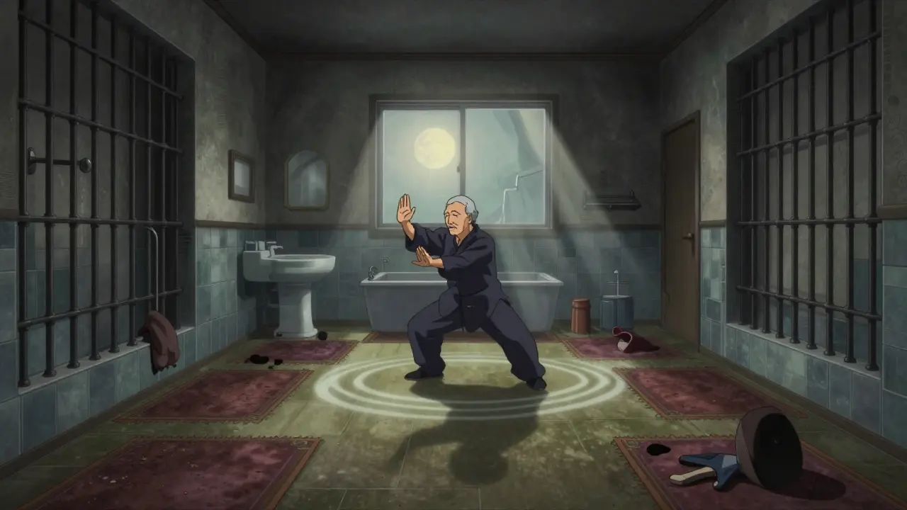 Persona haciendo Tai Chi en casa adaptada contra caídas