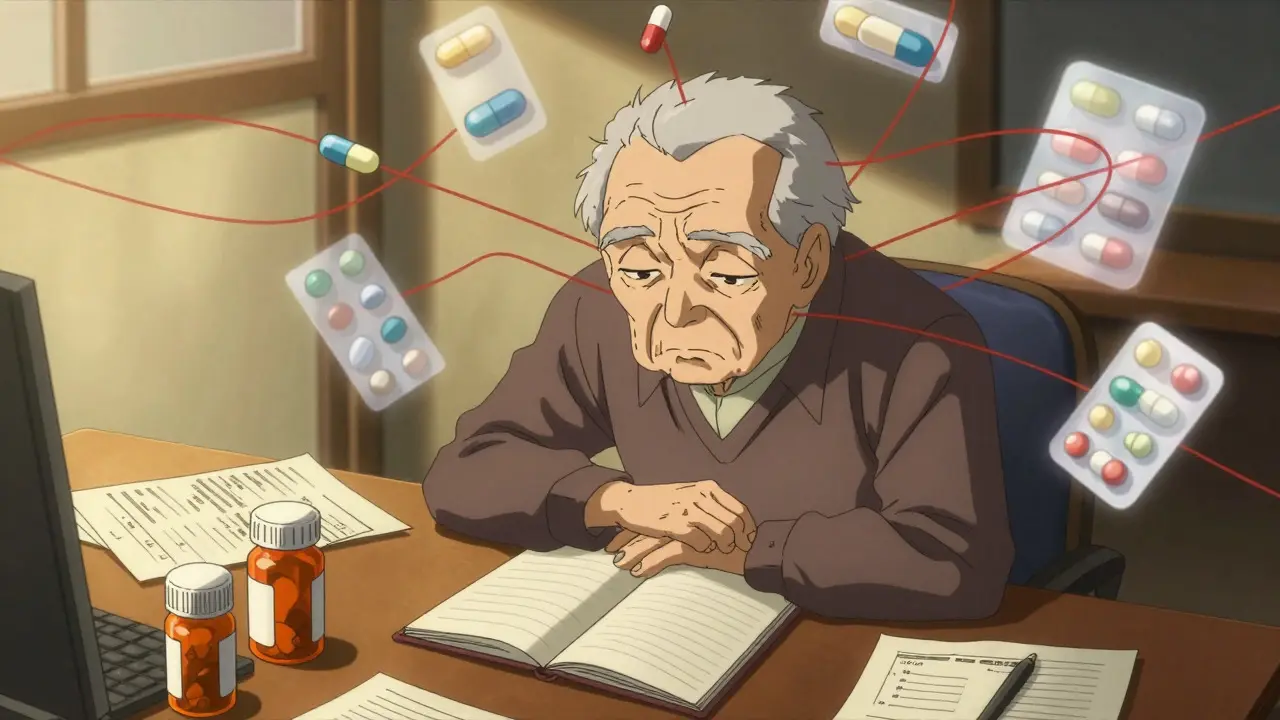 Personaje mayor con botellas de pastillas y notas en escritorio, estilo manga oscuro