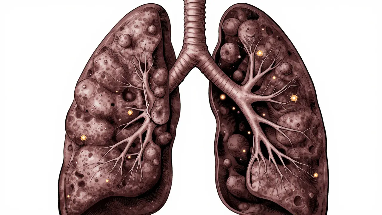 Vista detallada de pulmones con nódulos brillantes estilo cómic oscuro
