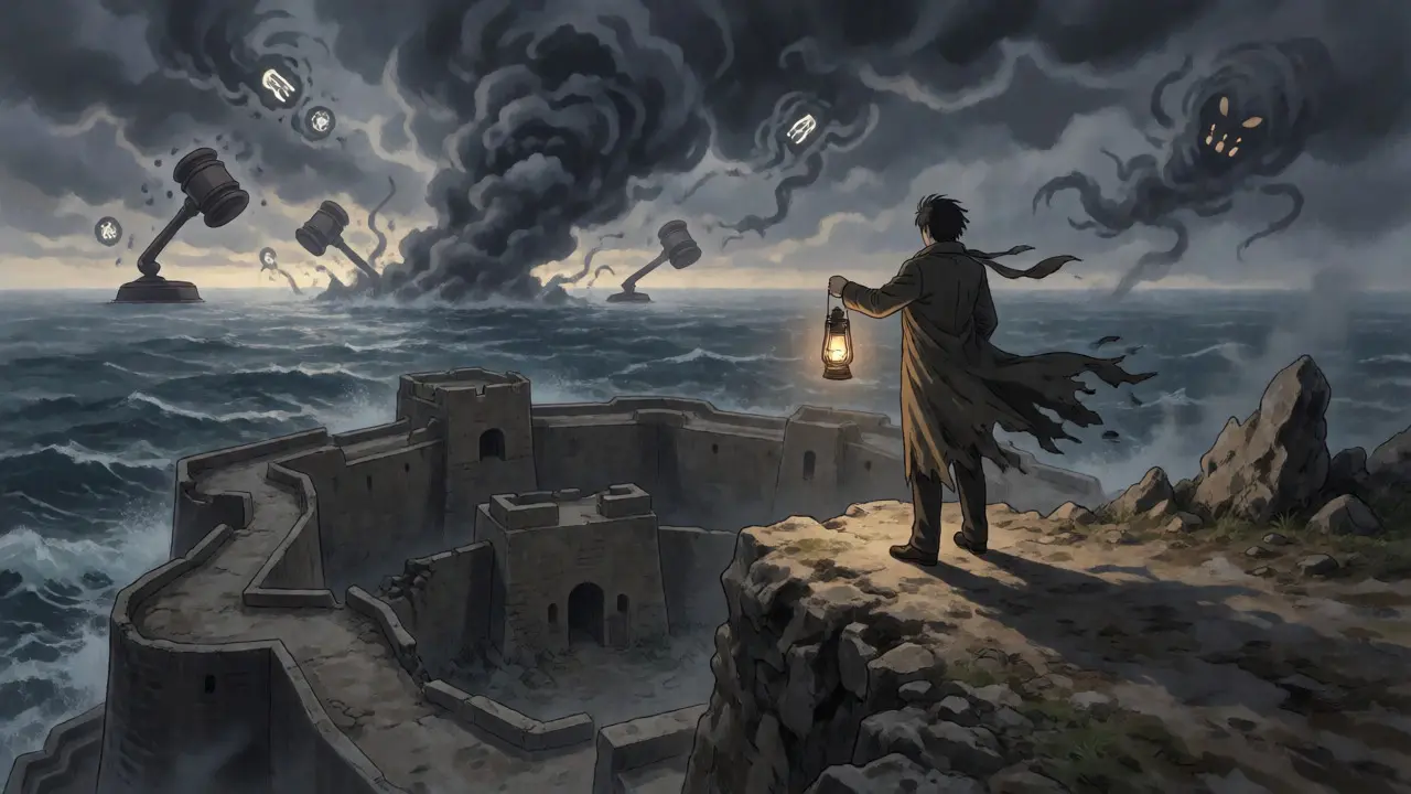 Empresario en una fortaleza mirando una tormenta oscura con nubes en forma de martillos.